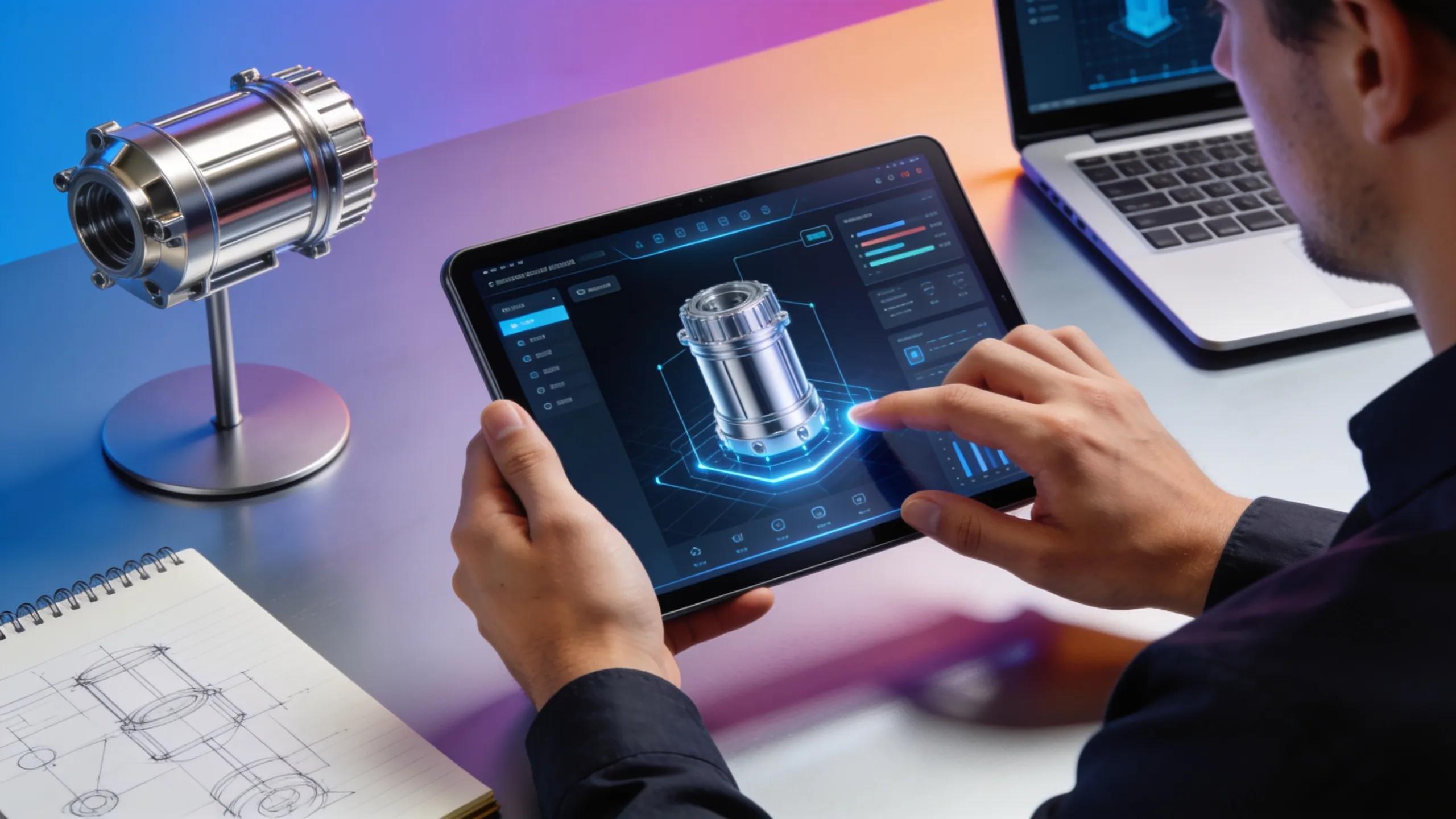 Interactive 3D product visualization tool being used in an industrial marketing setting