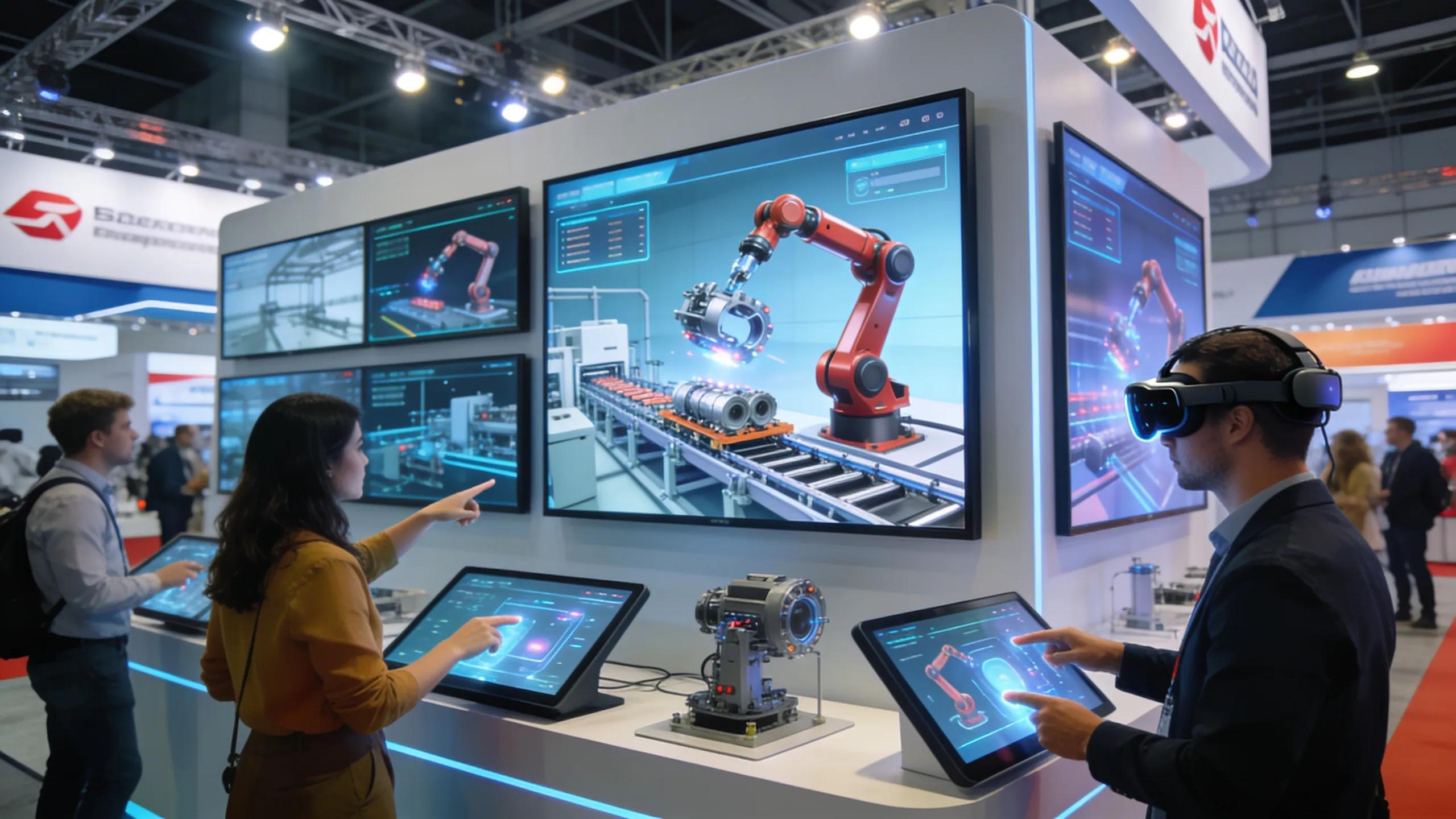 Trade show booth showcasing interactive 3D visualization of industrial products with engaged attendees