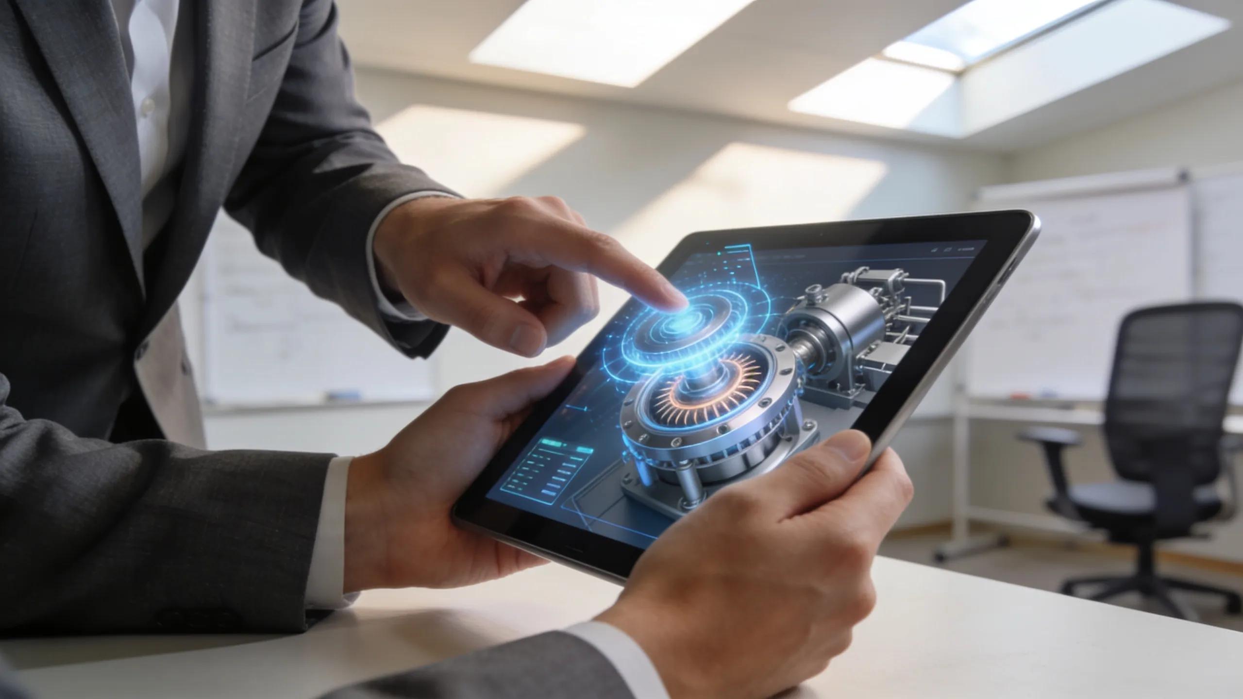 Business professional engaging with interactive 3D model of industrial equipment